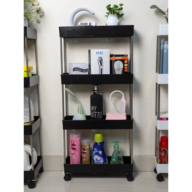 Wide Type High Capacity Multi Purpose Trolly Rack Multifunctional Movable Storage Cart (black )